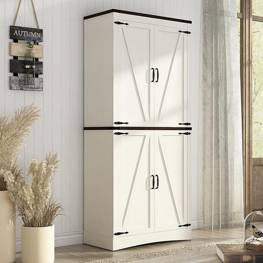 71" Tall Kitchen Pantry,Farmhouse Storage Cabinet with Adjustable Shelves,Load-Bearing Steel Pipe,Farmhouse Pantry Cabinet with 4 Barn Doors,for Kitchen,Dining Room,Living Room(Rustic White)