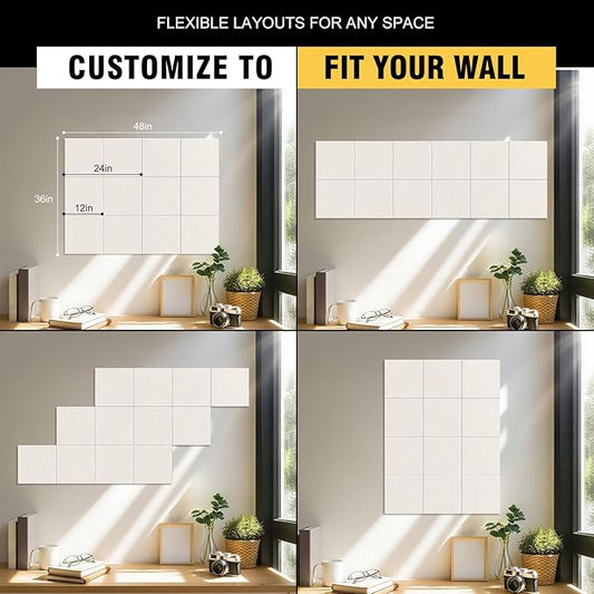TSJOFFICE Large Cork Board for Wall - 48" x 36" Bulletin Board with 50 Pushpins for Office Decor, Pin Board 12 Pack Felt Wall Tiles with Safe Removable Adhesive Tabs, Corkboard for Home - Warm White