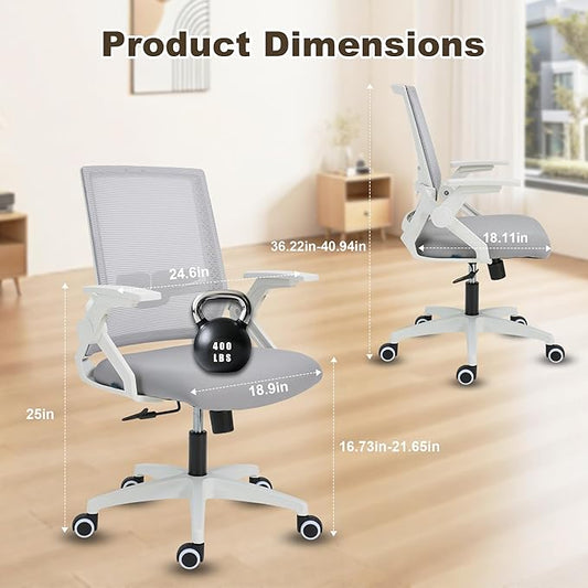 Your Perfect Home Office & Study Companion: Ergonomic Mesh Chair with Adjustable Lumbar, Flip-Up Arms & Tilt Lock - Modern Grey, 400lb Capacity, Durable & Comfortable