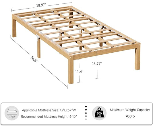 14 Inch Bamboo Bed Frame – Solid Wood Platform Bed Frame, Strong and Stable, with Non-Slip Slats for Support, No Box Spring Needed, Easy to Assemble, Noise-Free (Natural, Twin)