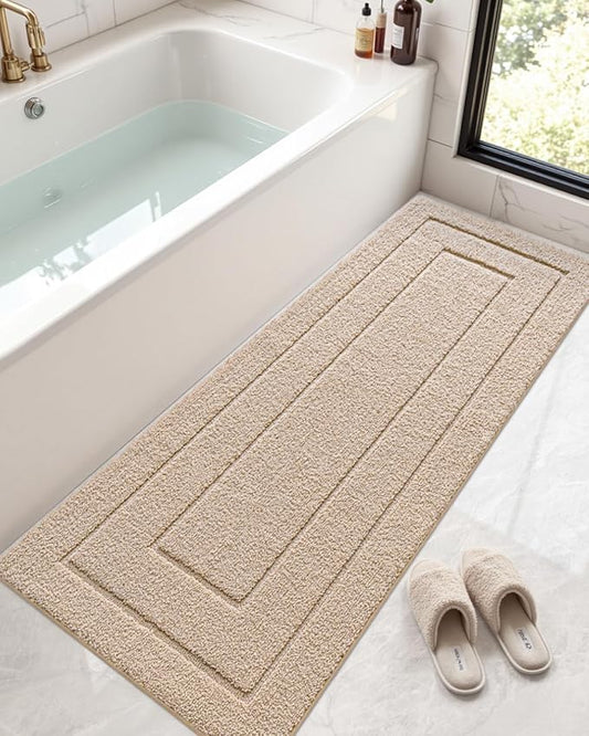 DEXI Bathroom Rug 60x24, Non Slip Washable Bath Mat Runner for Shower Floor, Extra Long Absorbent Soft Bathmat with Rubber Backing, Quick Dry Microfiber Carpet, Beige