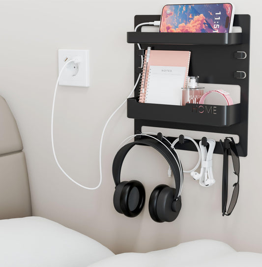 Yieach Bedside Shelf for Dorm Bed,Rv,Small Room and Nightstand,Wall Mounted Floating Shelves and Bedside Wall Organizer for Remote,Phone Holder,Charging Shelf,Cute Bedroom Decor for College Girl,Black
