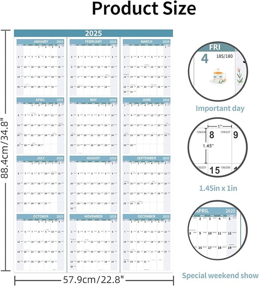 2025 Wall Calendar 34.8" x 22.8" Large Vertical Yearly Wall Hanging Calenda with Julian Date Thick Paper Calendar 12 Month Annual Wall Planner for Wall Office Fridge(Light Blue)