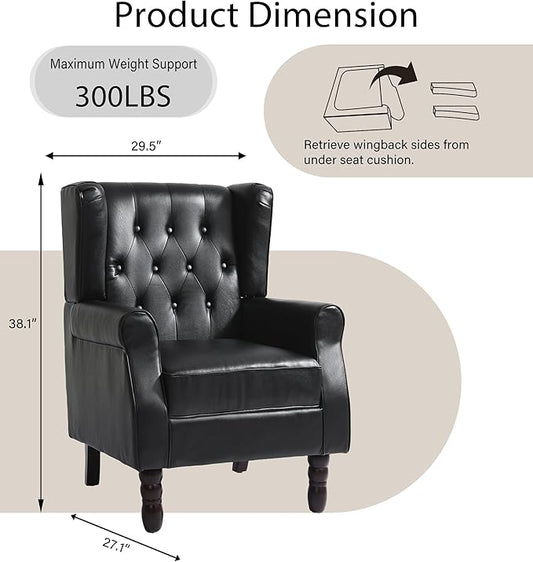 Lumibee High Back Accent Chair,Upholstered Faux Leather Wingback Armchair with Solid Wood Legs for Small Spaces,Comfy Single Sofa Chair for Living Room,Bedroom,Office-Black