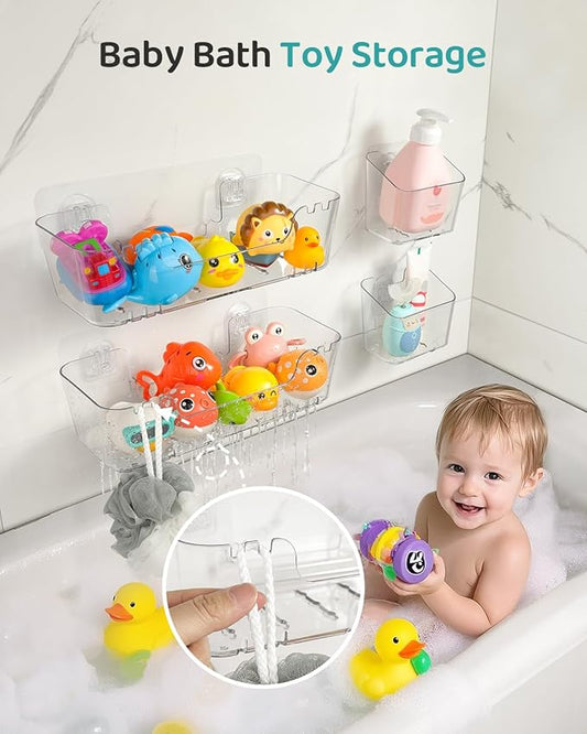 Bath Toy Storage Organizer 2+2 Pack, Transparent Bath Toy Holder with Drain Holes, Durable Plastic Bathtub Toy Storage for Bathroom, Quick-Dry Drainable Shower Caddy, Easy to Clean (Clear 2+2 Pack)