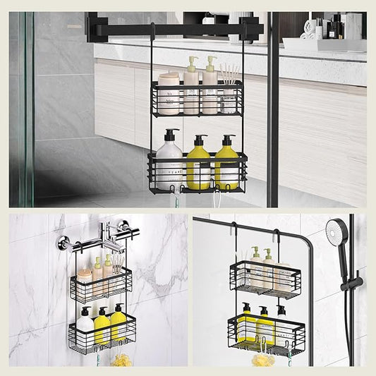 DELLAN 2-Tier Shower Hanging Caddy, Shower Rack with Hooks Over the Door, Stainless Steel Hanging Orangizer and Basket (Black)