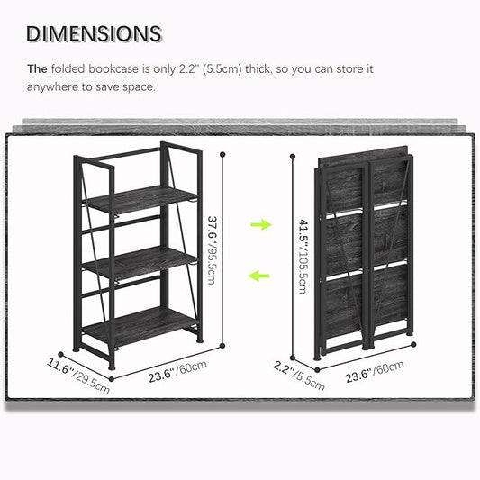 4NM No Assembly Folding Bookshelf Storage Shelves 3 Tiers Vintage Bookcase Standing Racks Study Organizer Home Office (Gray Black)