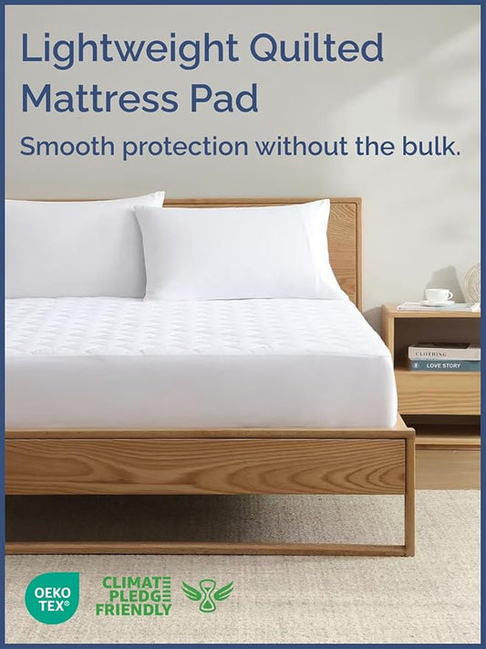 Quilted Fitted Mattress Pad Cal King Size - Elastic Fitted Mattress Topper Protector & Cover - Breathable, Soft, Low Profile Top Cover with 8-16 Inch Deep Pockets - Easy-Fit & Machine Washable - White