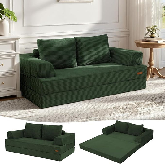 COMAX Convertible Sofa Bed, Folding Floor Couch Corduroy Fold Out Couch Bed Futon Sleeper Mattress with Pillows, Boneless Sofa Comfy Lounge Loveseat for Living Room Bedroom, Green