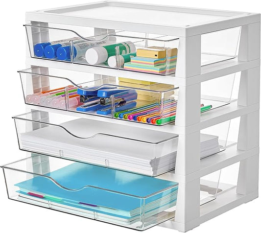 Vtopmart Clear Desk Organizer, 4-Tier Assemble Desktop File Organizer with Drawers, Office Desk Organization for Office Supplies