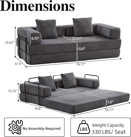 4-in-1 Convertible Folding Sleeper Sofa Bed, Fold Out Floor Sofa Couch with Fixed-Shape Frame, Cloud Corduroy Foldable Mattress Couch for Living Room Bedroom (77" Corduroy, Dark Grey)