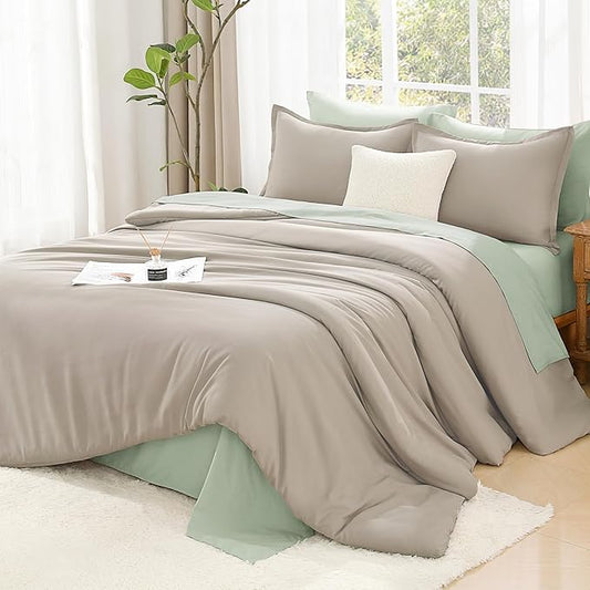 Litanika Comforter Set, Lightweight Solid Bedding Comforter Set, Fluffy Down Alternative Bed Set, Dark Oatmeal, Queen