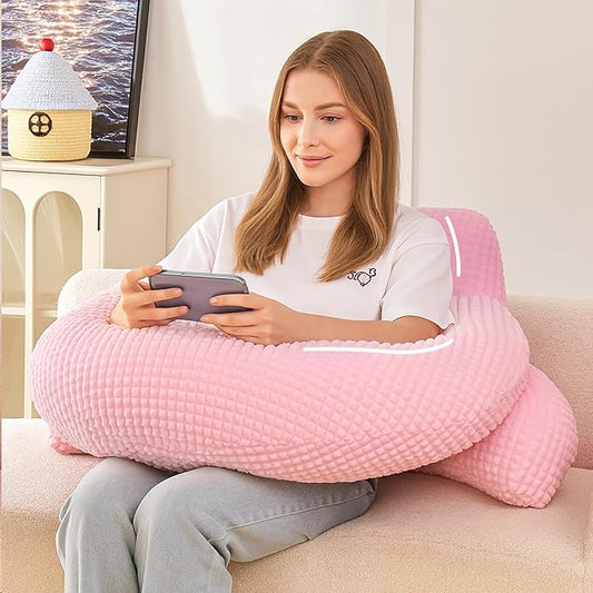 Reading Pillow for Bed,U Shaped & Back Support Pillow for Bed,17" Backrest with Lumbar & Arm Support,Comfy Flannel Fabric,Lap Pillow for Gaming/Reading/Watching TV,Pink