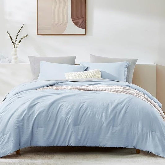 WRENSONGE Twin Comforter Set- 5 Pieces Ice Blue Twin Bed in a Bag, All Season Twin XL Bedding Sets with 1 Fitted Sheet, 1 Flat Sheet, 1 Pillow Sham and 1 Pillowcase