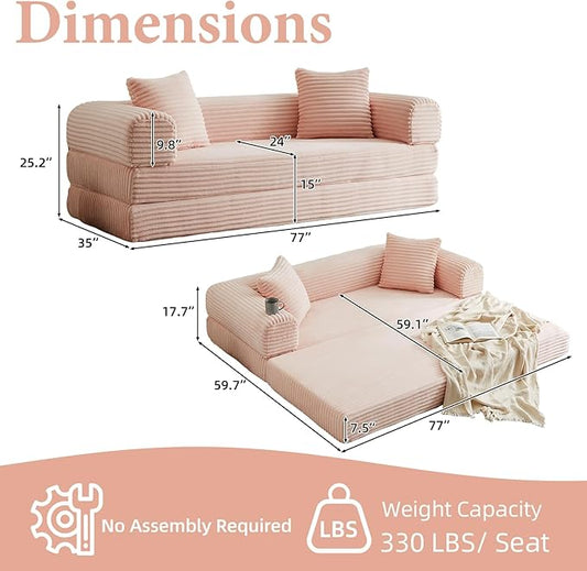 Convertible Futon Sofa Bed, Fold Out Floor Sofa Couch with Sleeper Sofa,Folding Boneless Couches with Deep Seat,Cloud Corduroy Foldable Mattress Couch for Living Room (Pink)
