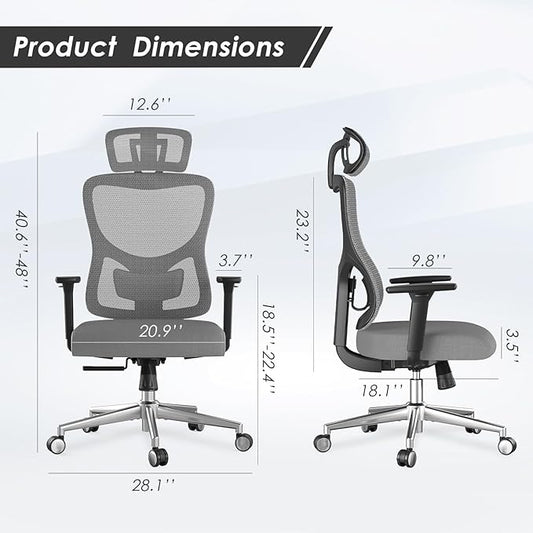 Soohow Ergonomic Office Chair,High Back Desk Chair with Adjustable Lumbar Support and Headrest,Comfy Computer Chair with 3D Armrest Recling Swivel Chair for Home, Office, Study Room, Black & Grey