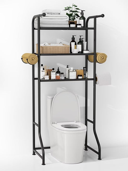 3-Tier Over The Toilet Storage Shelf,Bathroom Organizers and Storage Over Toilet,Metal Bathroom Space Saver with 2 Bars,1 Paper Holder and 4 Hooks,Black