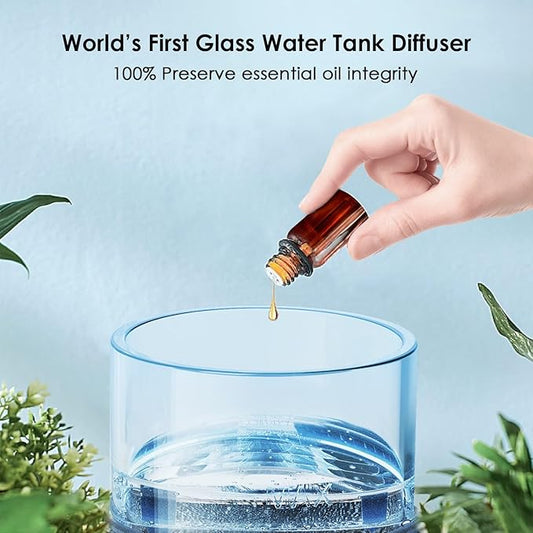 Glass Essential Oil Diffuser, 80ML Small Glass Reservoir Natural Wood Base Ultrasonic Cool Mist Aroma Diffusers with USB-Cord Auto-Off 7 Color Light for Home Office Bedroom