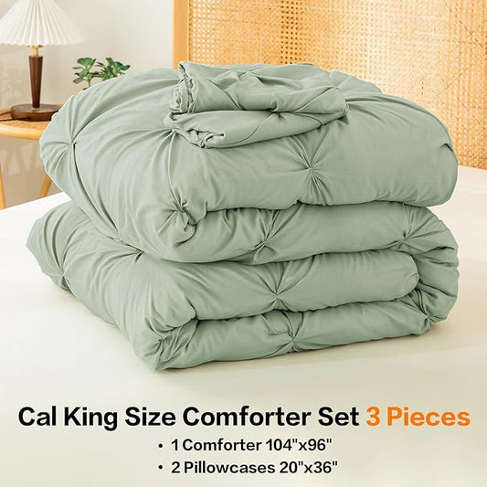 Andency California King Comforter Set Sage Green (104x96Inch), Pinch Pleat Cal King Comforter Set 3 Pieces, Oversized King Pintuck Bed Comforter, Microfiber Down Alternative Comforter Bedding Set