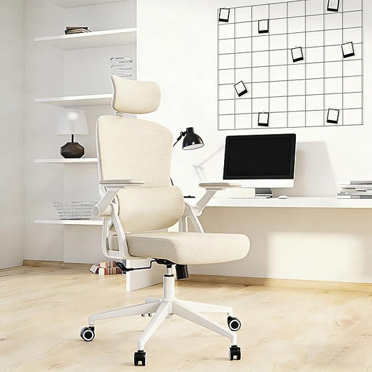 Ergonomic Office Chair - 400LB Comfy Desk Chairs with Adjustable Headrest and Lumbar Back Support, Mesh Computer Chairs with Wheels and Arms for Home Office, Study (218khaki-With Headrest)