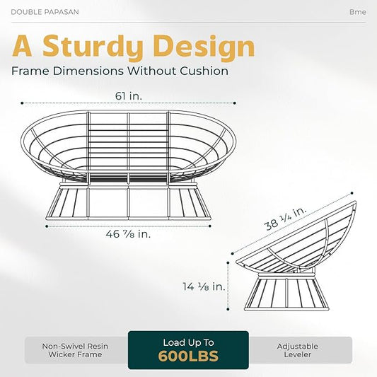 Bme Double Papasan Chair, 600lbs Capacity, Ergonomic Design, Soft Thick Cushion, Bee-Designed Frame, Durable Steel, 61", Beige - Black Base