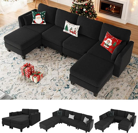 Modular Sectional Sofa, Convertible U Shaped Sofa Couch with High Density Memory Foam, 6 Seat Comfy Modular Sofa Couch for Living Room, Modern U Shaped Sectional Sofa, Black