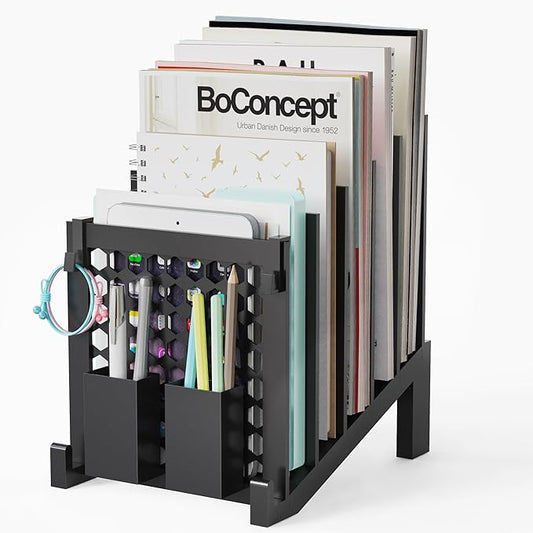 File Organizer for Desk with Storage Box & Hook, Inclined Desk File Organizer with 5-Section Vertical File Holder suitable for Home Office Document Organization(Black)