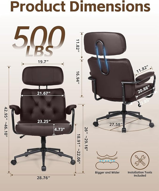 Office Chair Big and Tall 500lbs, Desk Chair Comfy, Oversized Computer Gaming Chair Extra Wide, Executive PU Leather Heavy Duty, High Back Swivel Rocking Chairs with Wheels for Home,Brown