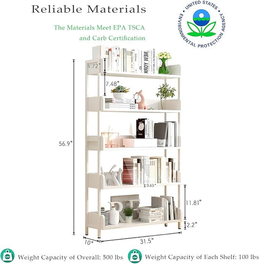 Wide Open Shelf Bookcase - Modern 5-Tier Floor Standing Display Bookshelf with Three-Side Baffles and Metal Frame for Home and Office, Storage Shelving, Warm White