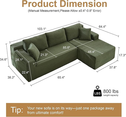 96''Sectional Couches for Living Room,Modern Modular Sectional Sofa,Upholstered Boneless Couch with Pockets,Comfy Cloud Couch with L Shaped Chaise (Green, 105''W Right Facing Chaise)