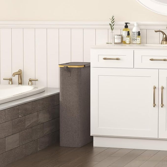 Lifewit 65L Slim Laundry Hamper with Lid, Narrow Laundry Basket with Removable Bag & Bamboo Handles, Fodable Thin Dirty Clothes Hamper for Laundry Collapsible Bin for Bathroom Bedroom Dorm, Brown