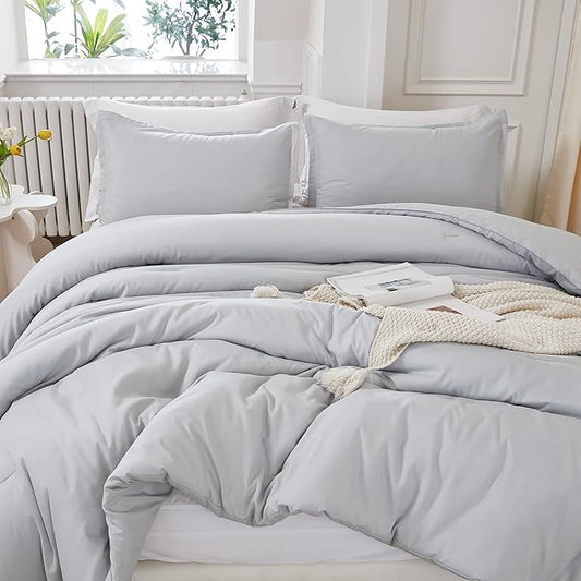 Litanika Comforter Set, Lightweight Solid Bedding Comforter Set, Fluffy Down Alternative Bed Set, Light Grey, Oversized Queen
