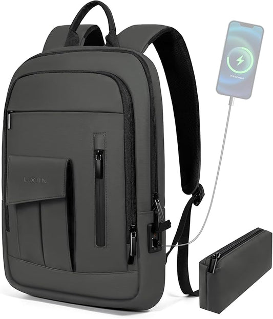 Business Backpack for Men Slim Lightweight Laptop Backpack Water Resistant Small Office Backpack for Commute Travel Daily Office Work with Small Bag (Grey)