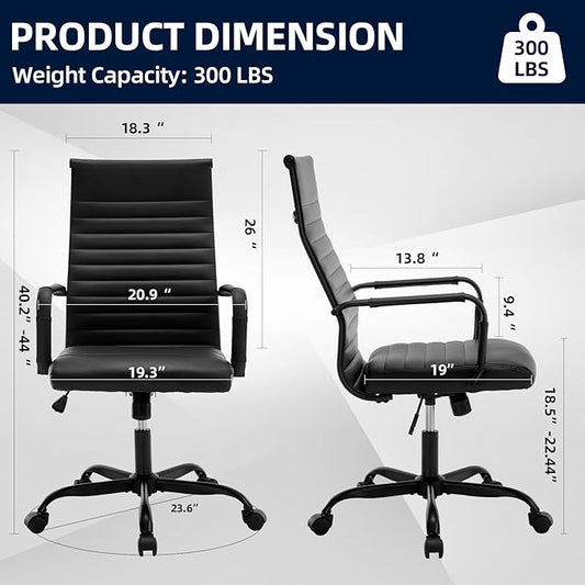 Conference Room Chairs, Ergonomic Executive Office Chair, Ribbed Leather Desk Chair with Lumbar Support, Adjustable Height Mid-Back Swivel Chair with Padded Seat