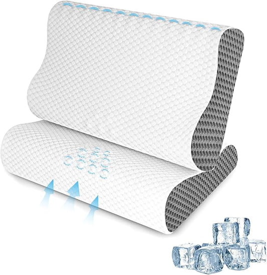 2 Pack Memory Foam Cooling Bed Pillows for Sleeping, Ergonomic Cervical Pillow for Neck and Shoulder Pain Relief, Adjustable Cold Pillow Set of 2,with Pillowcase (Grey)