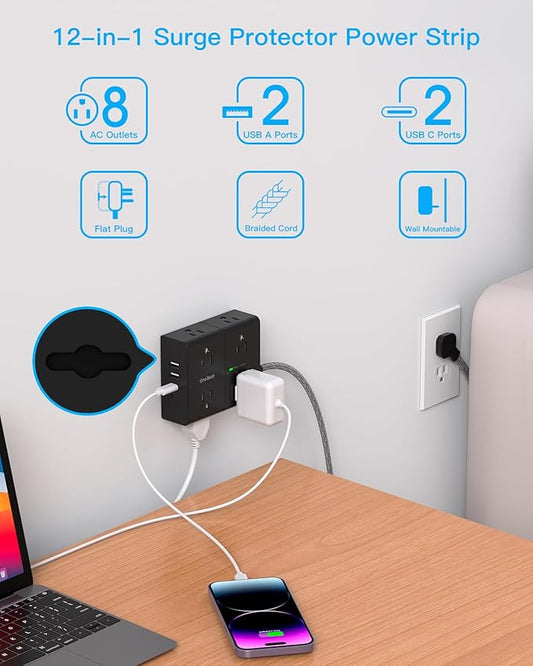 10Ft Extension Cord with Multiple Outlets, Flat Plug Power Strip Surge Protector 10 Ft Long Cord, 8 Outlet 4 USB Ports (2 USB C), Multi Outlet Wall Plug for Office, College Dorm Essentials - Black