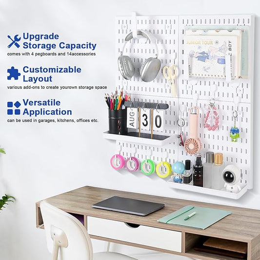 Pegboard Wall Organizer Kit – Heavy Duty 20lbs Load Bearing, Easy Installation, 4 Peg Board Panels 14 Accessories – Multi-Surface Use For Garage, Office, Kitchen & Crafts (White Pegboard,24″×24″)