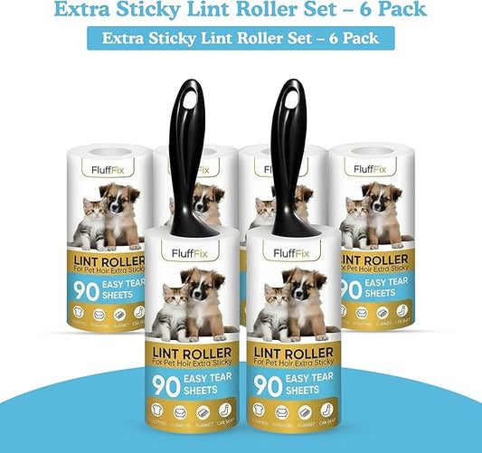 Extra Sticky Lint Roller Set 6 Pack 540 Sheets Wide Lint Remover Refills with 2 Easy Grip Handles Pet Hair Remover for Clothes Furniture Car Seats Bedding Couch Carpet and Laundry