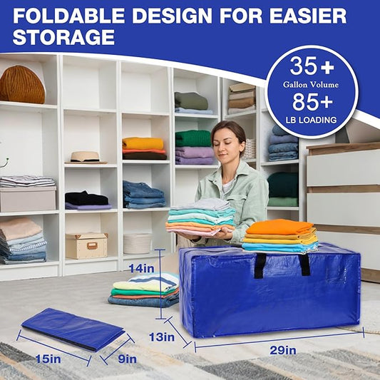 12 Pack Moving Bags Heavy Duty Extra Large Storage Bags with Zippers, Handles, Backpack Straps Packing Bag for Moving College Dorm Room Essentials, Camping, Travel, Clothes 93 L 25 Gallons (Blue)