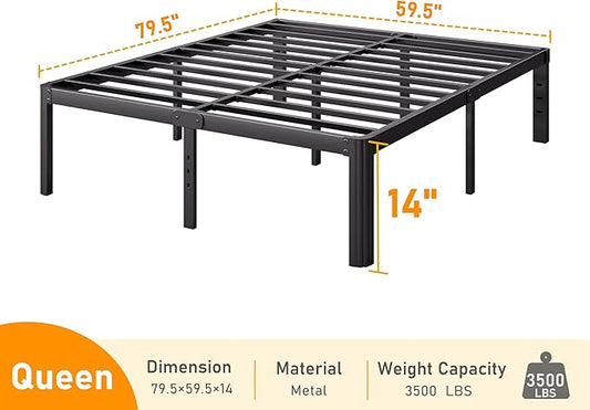 Askeld Bed Frame Queen Size, 14 Inch High Metal Platform Bed with Round Corner Leg, No Box Spring Needed, Heavy Duty Noise-Free Bed Base, Easy Assembly, Black