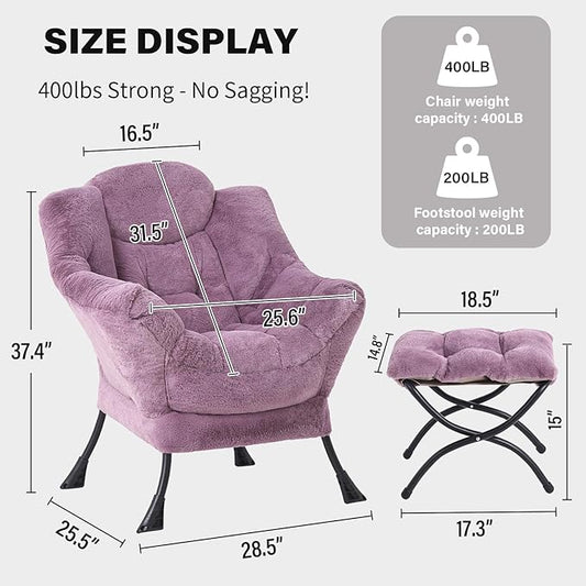 Tiita Lazy Chair with Ottoman, Modern Large Accent Lounge Armchair, Comfy Leisure Sofa Reading Chair with Footrest for Bedroom, Living Room, Dorm Rooms, Garden and Courtyard, Plush Purple