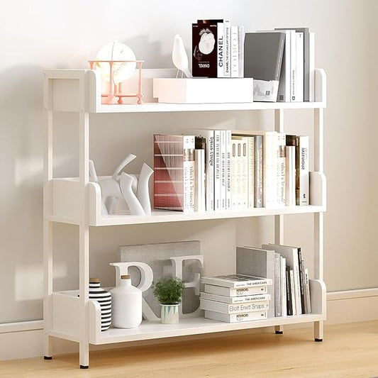 Wide Open Shelf Bookcase - Modern 3-Tier Floor Standing Display Bookshelf with Top Edge and Metal Frame for Home and Office, Storage Shelving, Warm White