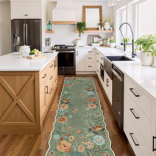 Lahome Floral Runners for Hallways, 2X6 Kitchen Runner Rug Ultra-Thin Soft, Non-Slip Hallway Rug Stain Resistant Boho Low-Pile Carpet for Laundry Bathroom Bedroom(2x6ft,Green)