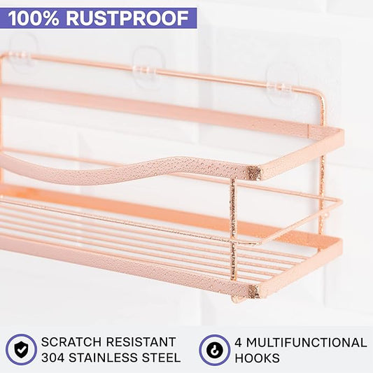 KINCMAX Shower Shelves 2-Pack - Premium Self Adhesive Shower Caddy w/ 4 Hooks - No Drill Large Capacity Stainless Steel Wall Shelf - Easy Mount Bathroom Organizer Racks - Rose Gold