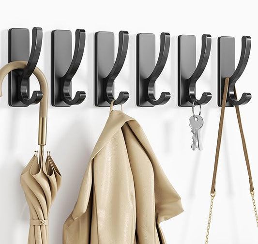 pickpiff Adhesive Wall Hooks for Towels - Sticky Hook Hanging Heavy Duty (13lb), Hanger for Door, Bathroom, Dorm, Closet - for Coats, Purse, Bag, Robe - No Damage to Wall - Black 6 Pack