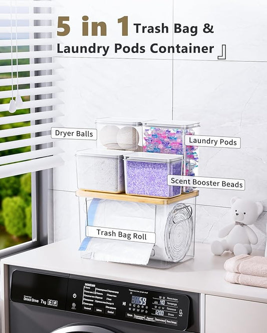 Trash Bag Dispenser Dishwasher Pods Container, 5 in 1 Garbage Bags Holder Under Sink Organizer Acrylic Laundry Pod Detergent Powder Container, Kitchen Pantry Laundry Room Organization Storage