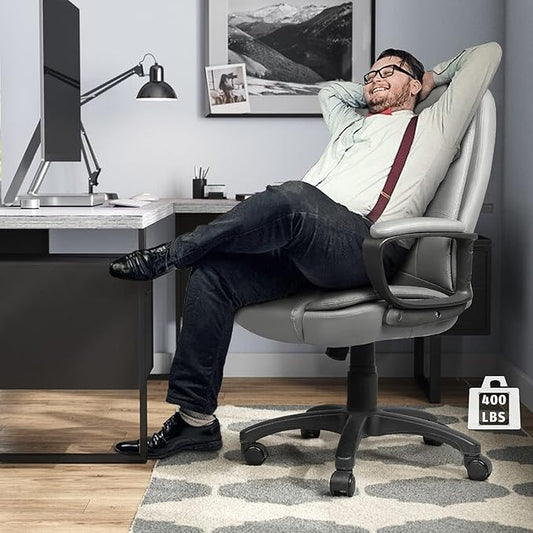 LEMBERI Office Desk Chair, High Back Executive Computer Chair, Ergonomic Big and Tall Adjustable PU Leather Chairs with Padded Armrest for Long Time Sitting, Grey