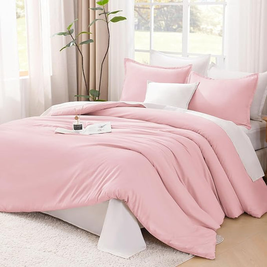 Litanika Comforter Set, Lightweight Solid Bedding Comforter Set, Fluffy Down Alternative Bed Set, Baby Pink, Super King