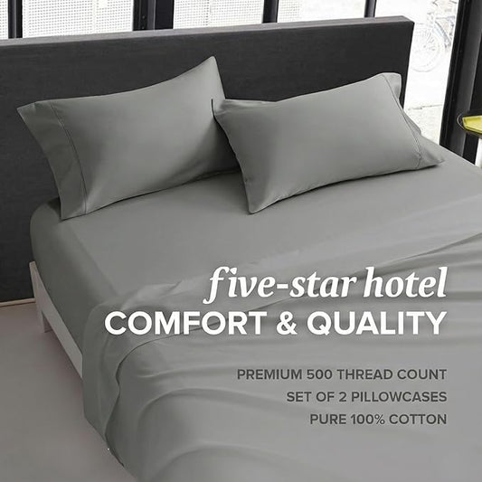 Beckham Hotel Collection 100% Cotton Pillow Cases King Size Set of 2, 500TC, Luxury Sateen Pillowcases, Open End, Breathable, Moisture-Wicking, Dark Gray
