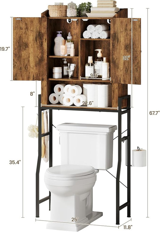 Over The Toilet Storage Cabinet, Over Toilet Organizer with 2-Door & Metal Stand, Bathroom Organizers and Storage with Adjustable Shelves for Bathroom, Restroom, Laundry, Rustic Brown